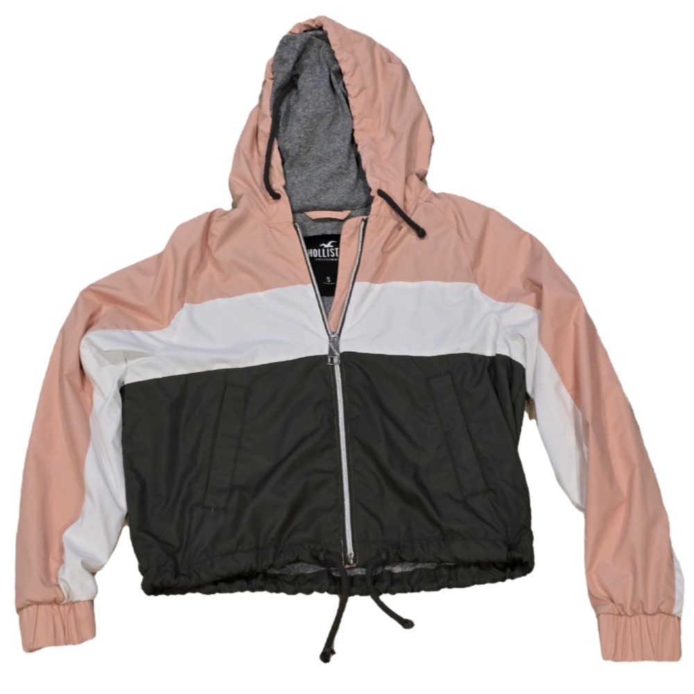 Hollister Hooded Jacket - Pink, White, and Grey Size Small